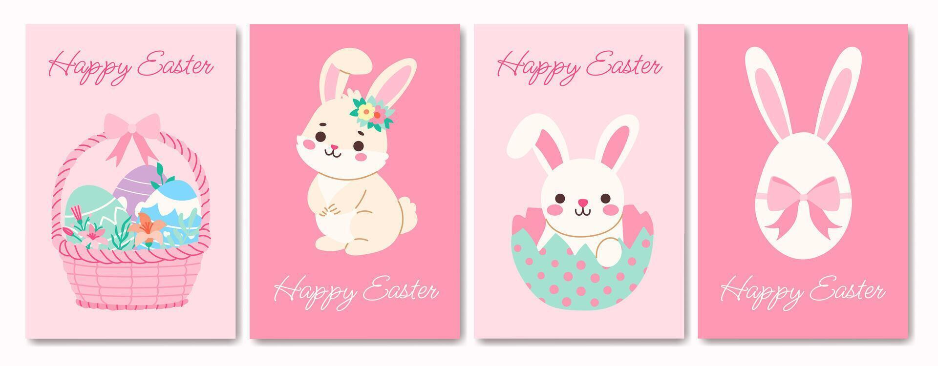 A set of four Easter cards featuring rabbits and eggs. The cards are pink and feature cute rabbit characters holding baskets of eggs. The cards are designed to bring joy vector