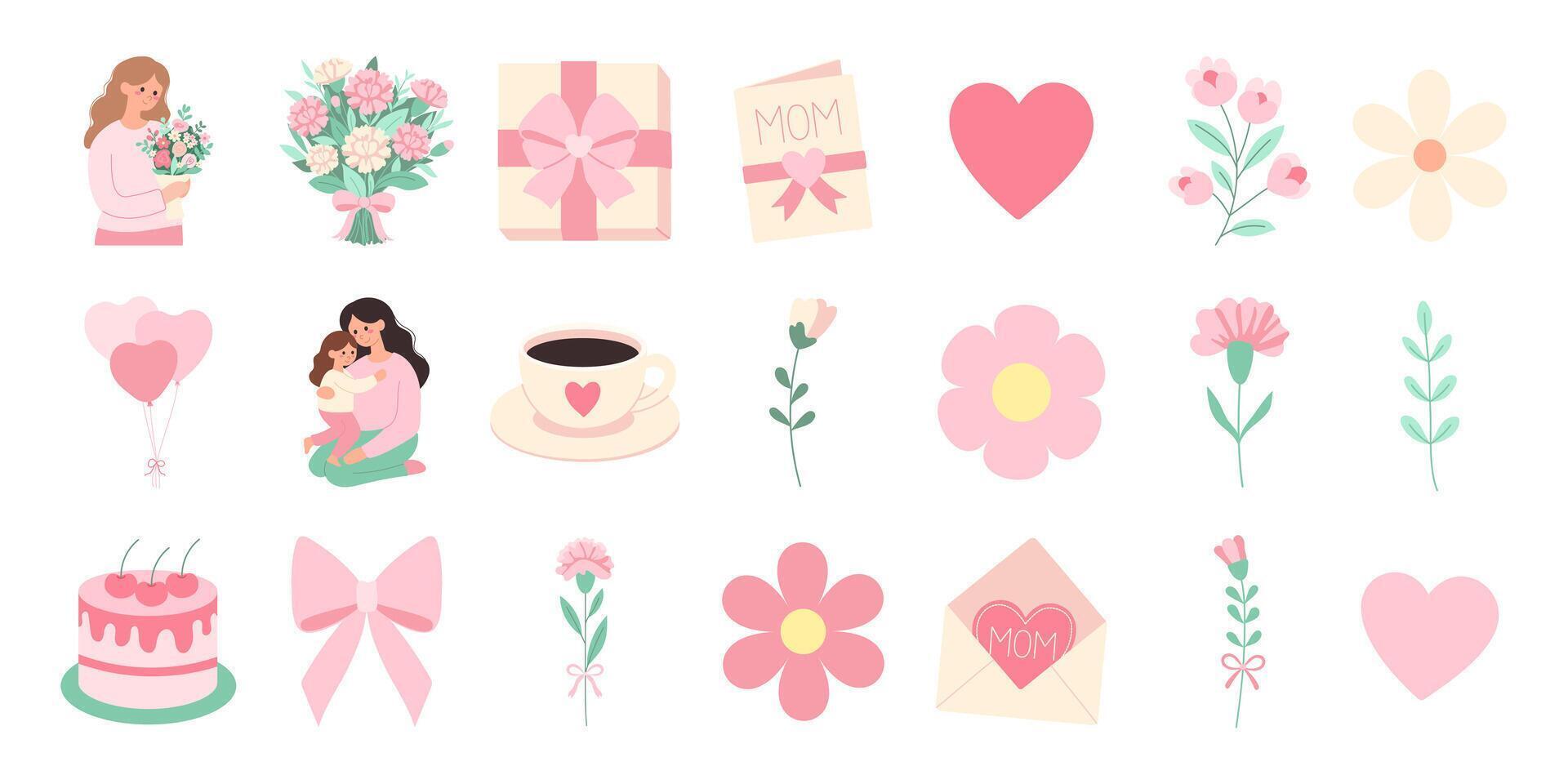 A collection of pink icons including flowers, hearts, and a cake. The icons are arranged in a grid and are all pink in color vector