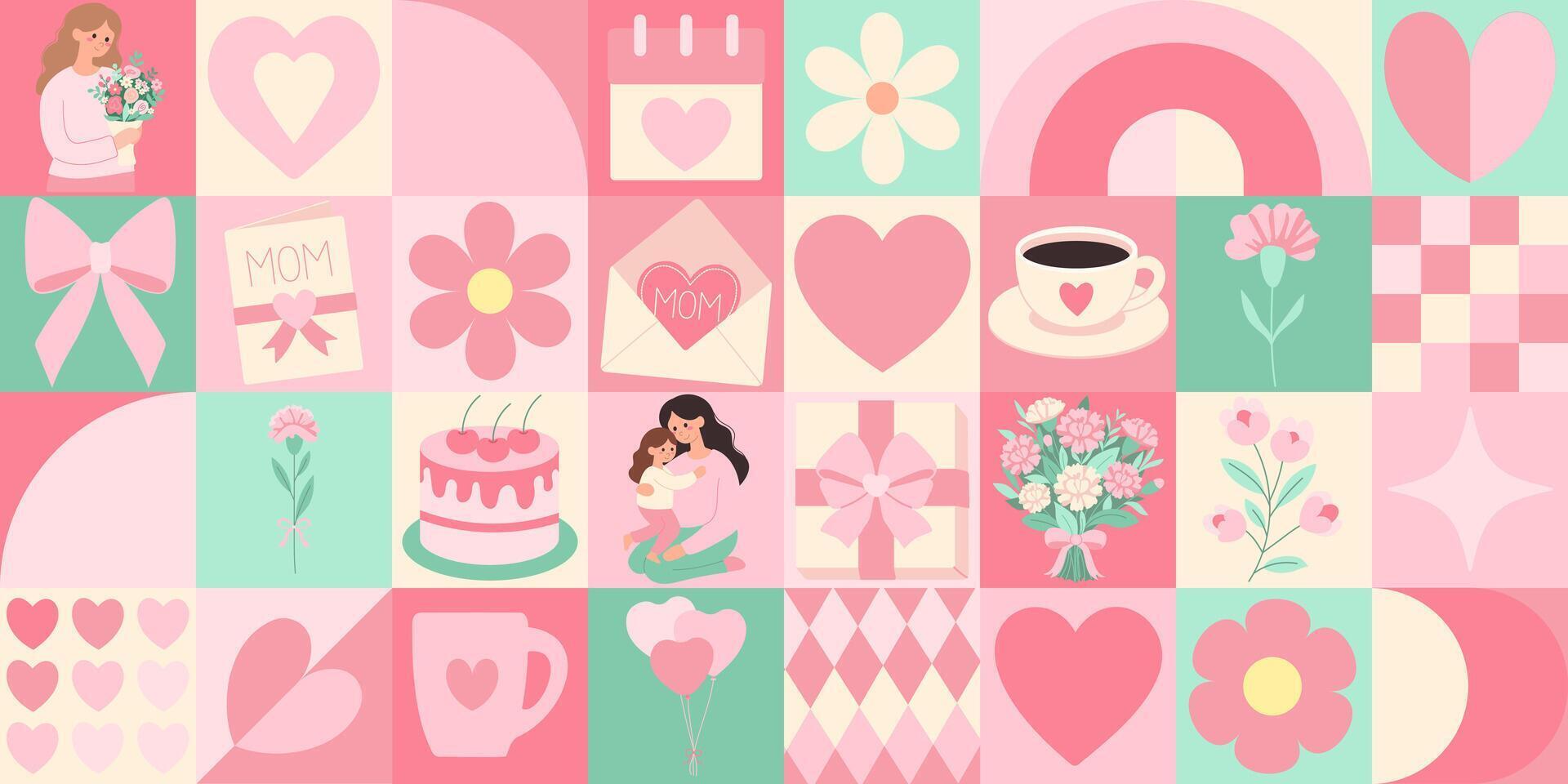 A collage of pink and green images with a woman holding a child and a cake. The woman is holding a bouquet of flowers and a card. The image is a collage of different shapes and sizes of hearts vector