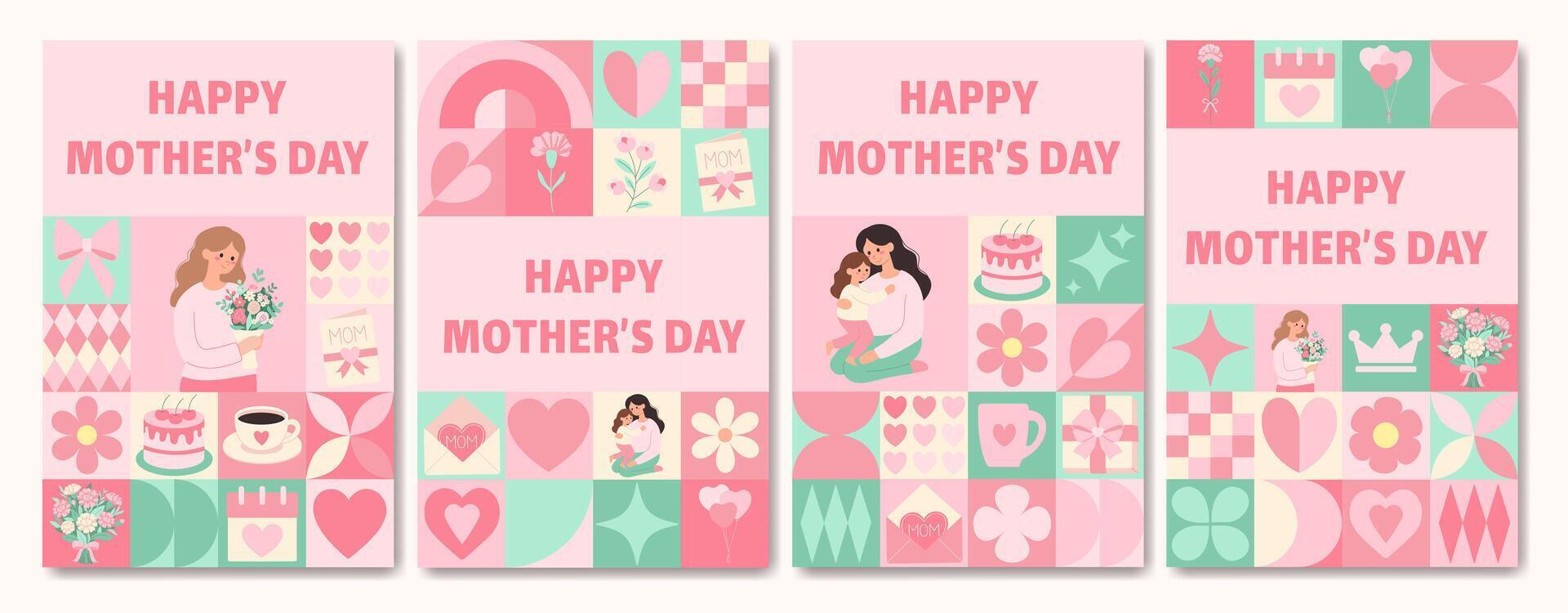 A set of four cards with a pink background and a variety of images of women and children. The cards are titled Happy Mother's Day and feature a woman holding a bouquet of flowers vector