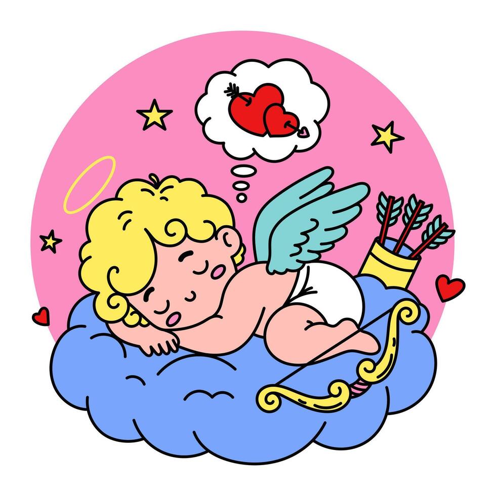 illustration of adorable Cupid sleeping on a cloud. Perfect for Valentine's Day and love themes designs vector