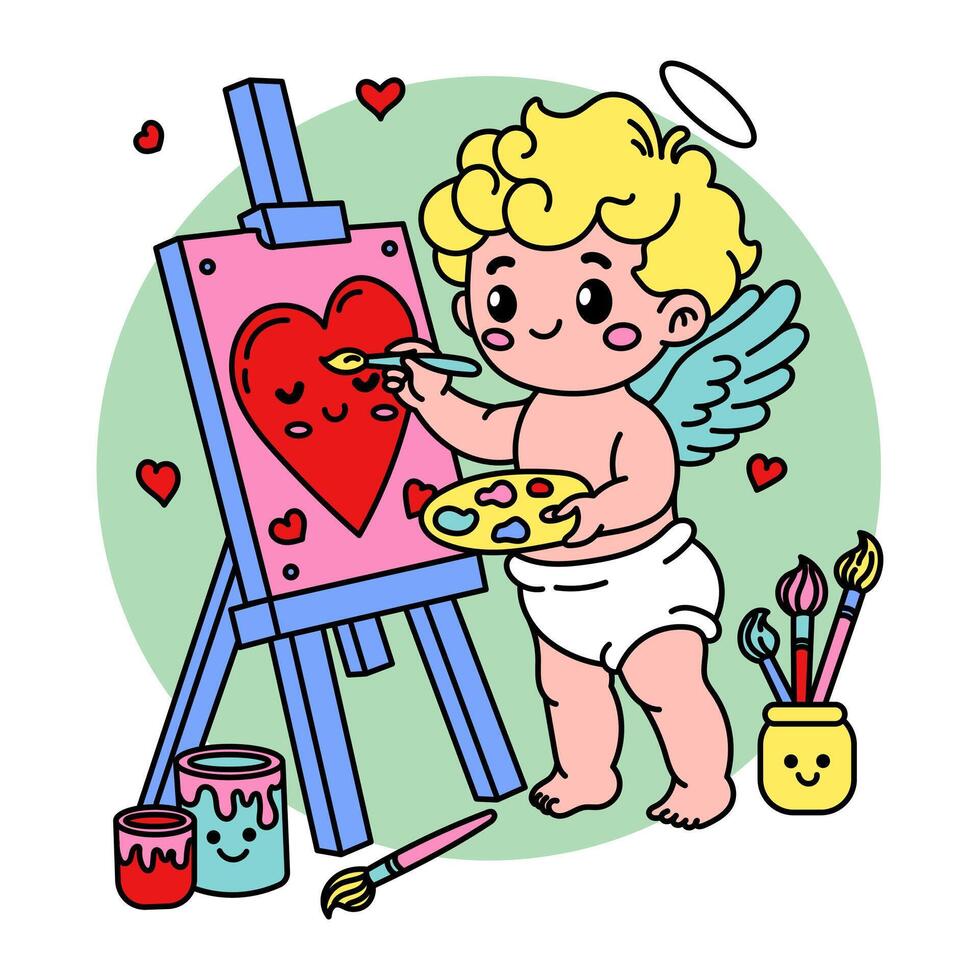 Adorable Cupid illustration painting a smiling heart on a canvas, surrounded by brushes and paint jars vector