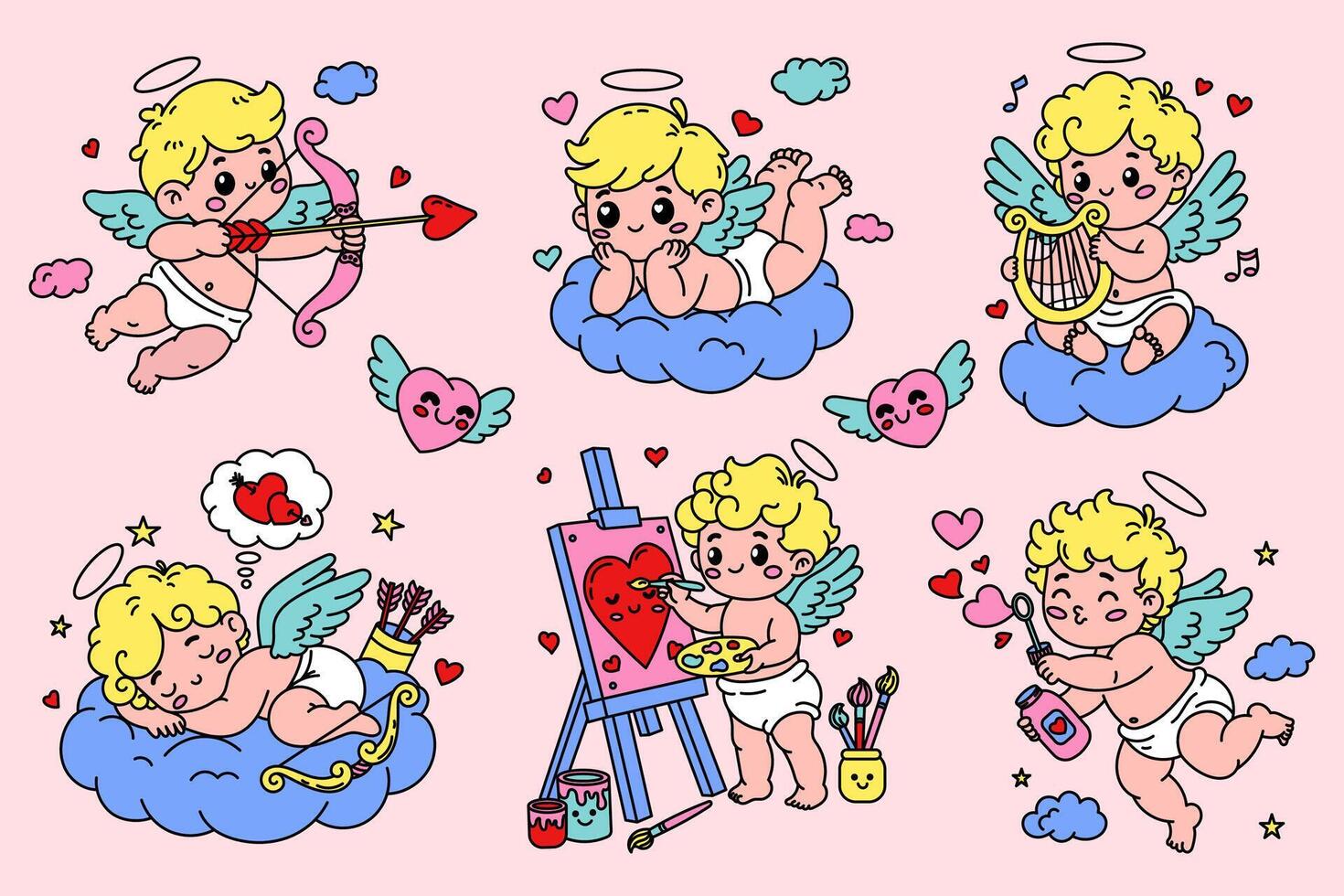 set of colorful Cupid illustrations in a cute style. Perfect for Valentine's Day designs vector