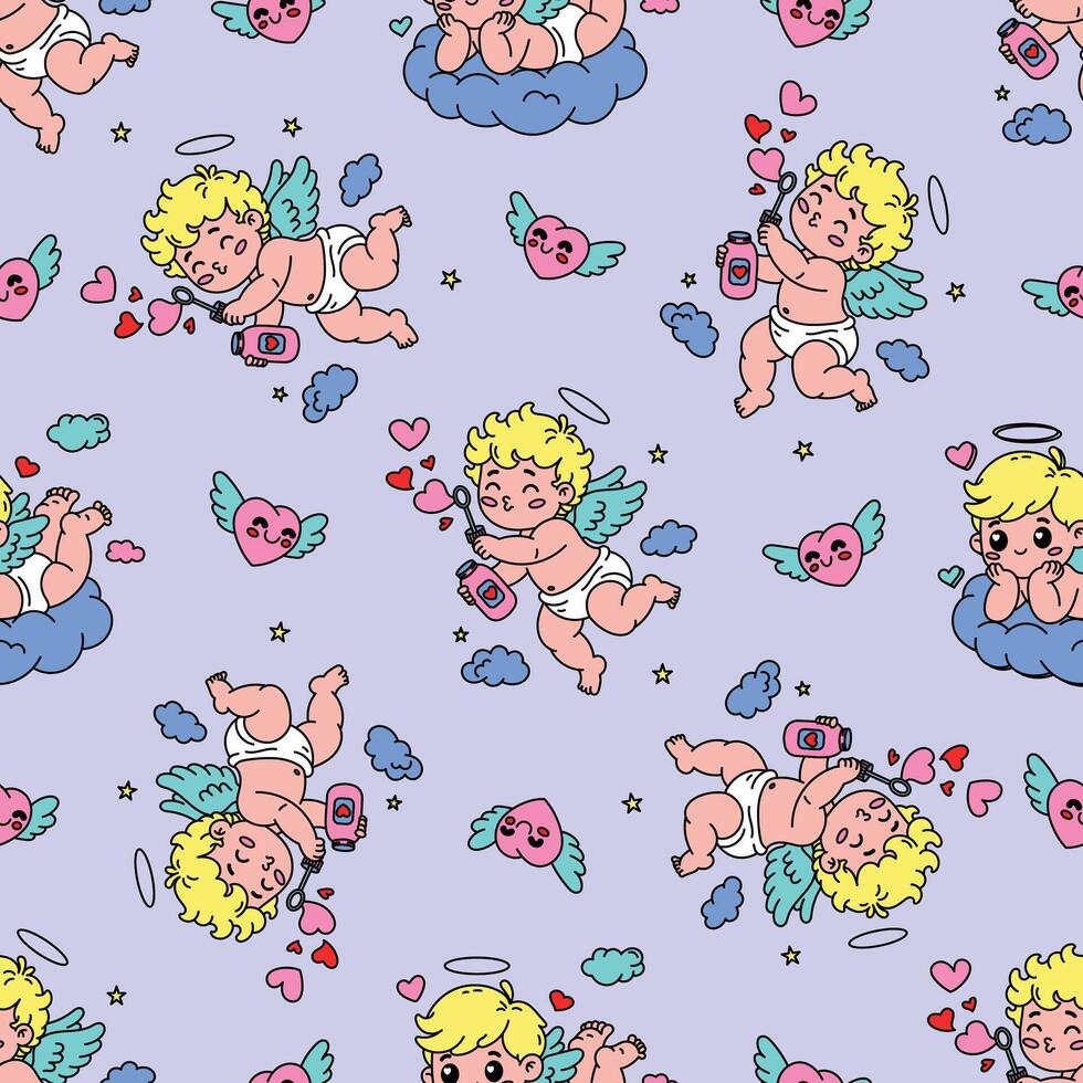 seamless Valentine's Day pattern featuring adorable cupids blowing heart-shaped bubbles, resting on clouds vector