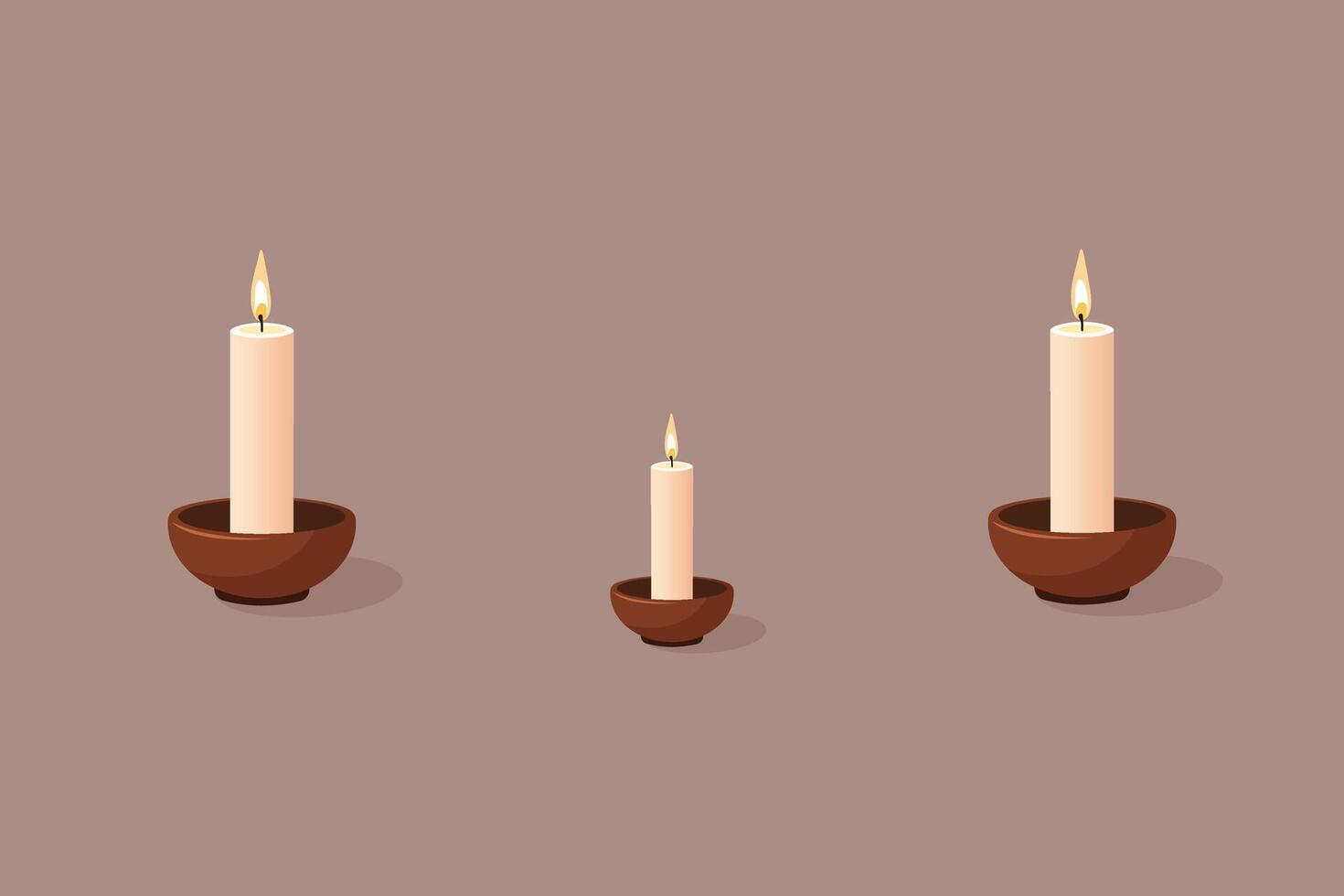 Minimalist Flat Illustration of Three Lit Candles in Simple Brown Holders on a Solid Brown Background vector
