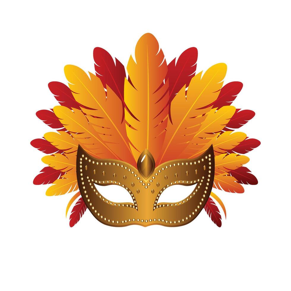 Gold carnival mask with yellow and red feathers flat illustration isolated on white background vector