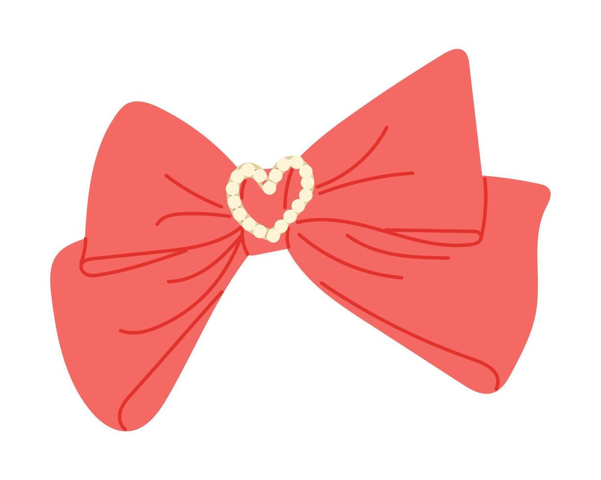 Red decorative bow with a pearl heart embellishment, symbolizing elegance and femininity, ideal for festive decorations, fashion design, or gift wrapping themes vector