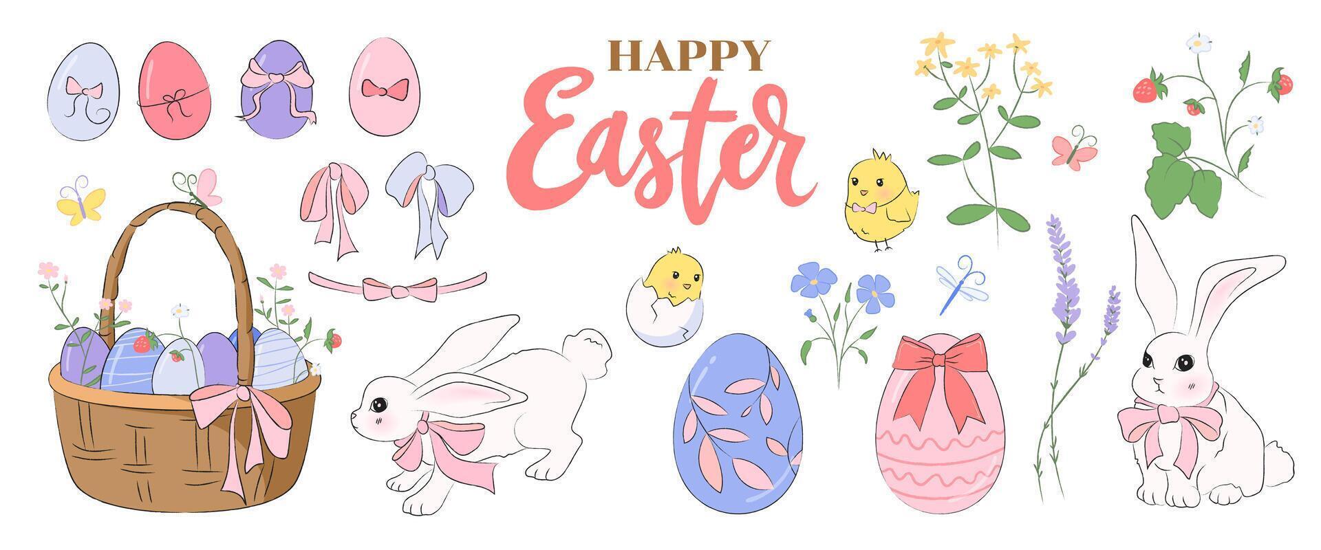 Collection of cute Easter illustrations of rabbits, eggs, baby chicks, flowers, bows, and a wicker basket. Hand drawn decoration elements for spring designs, easter theme banner, poster, greeting card vector