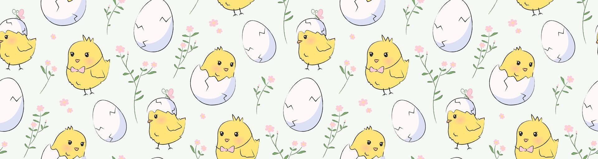 Seamless pattern with hand drawn yellow easter baby chicks, cracked eggs, and pink flowers on a light background. Crayon pencil texture. Cute wallpaper for Easter themed spring designs, print, textile vector