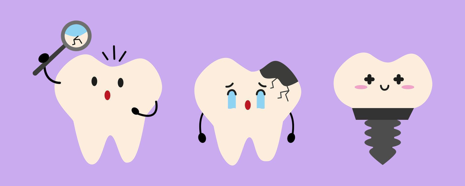 Cute dental Set with Tooth with Magnifying Glass and Crack, Sad Cavities Tooth and Tooth Implant. Children Cartoon Illustration vector