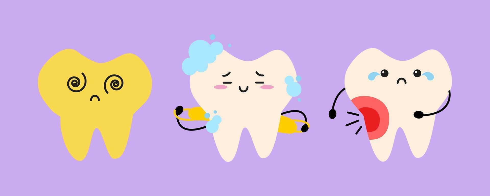 Cartoon Cute Set with Yellow sick tooth, Tooth with Foam and Sad Tooth with Pain and Red Spot. Children dental Illustration vector