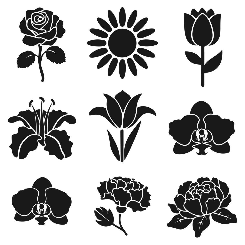 A delicate collection of flower silhouettes, beautifully arranged against a crisp white background, perfect for botanical designs. vector