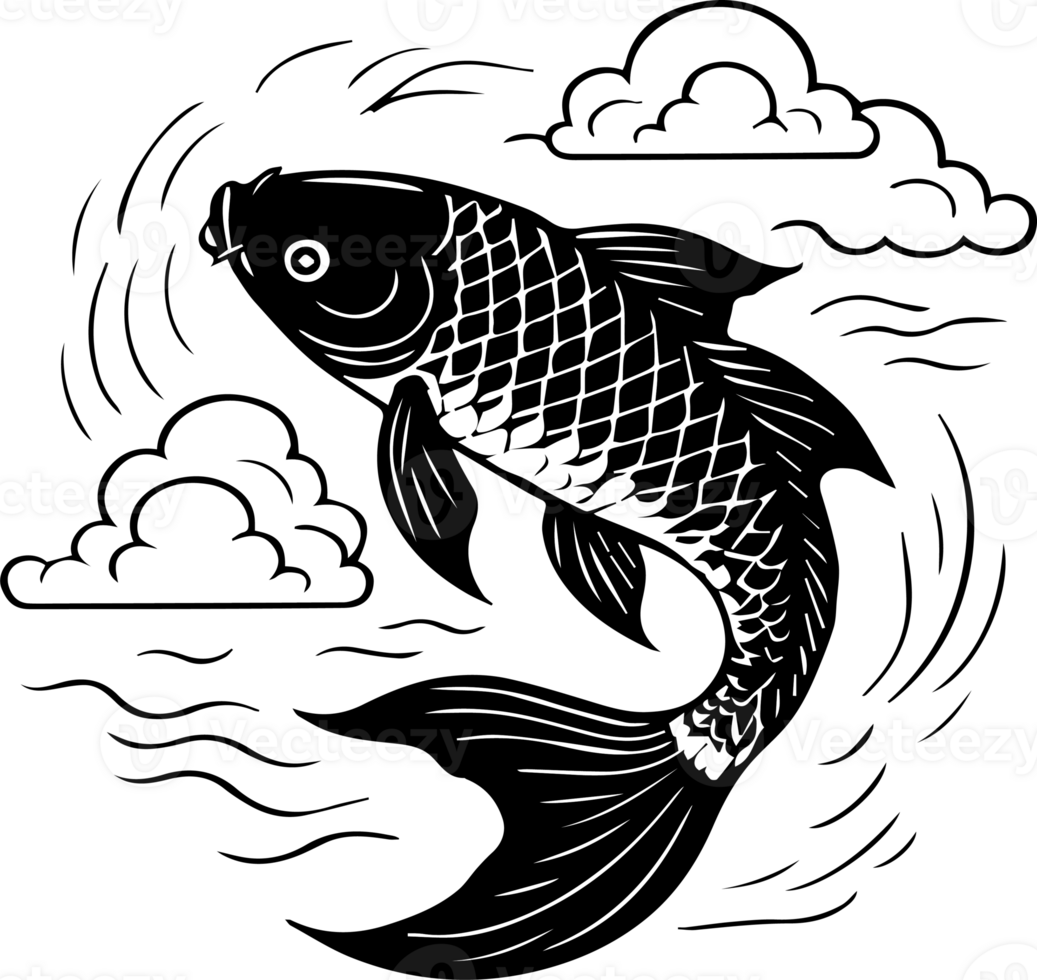 A black and white illustration of a fish jumping out of the water png