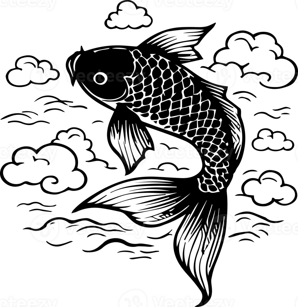 A black and white fish with clouds in the sky png