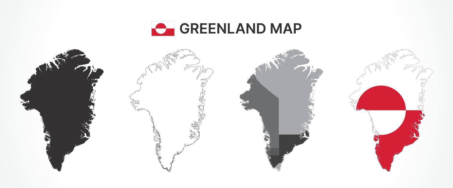 Detailed Greenland Map Collection with Outline, Silhouette, Municipalities, and Flag Overlay Variations vector