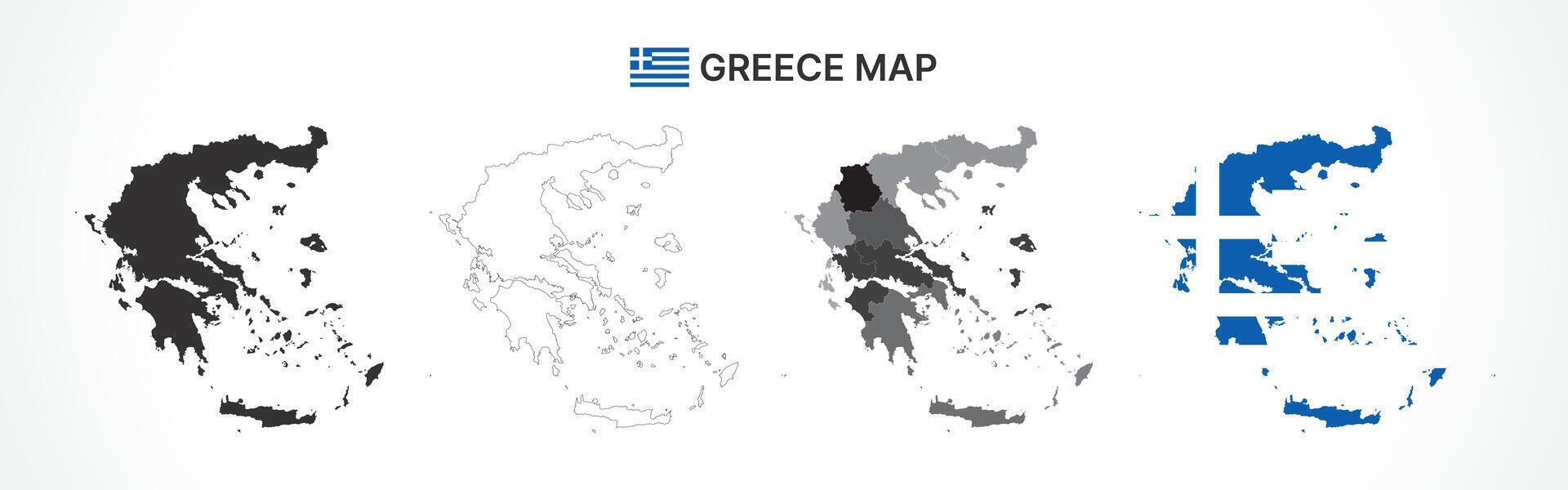 Detailed Greece Map Collection with Outline, Silhouette, Regions, and Flag Overlay Variations vector