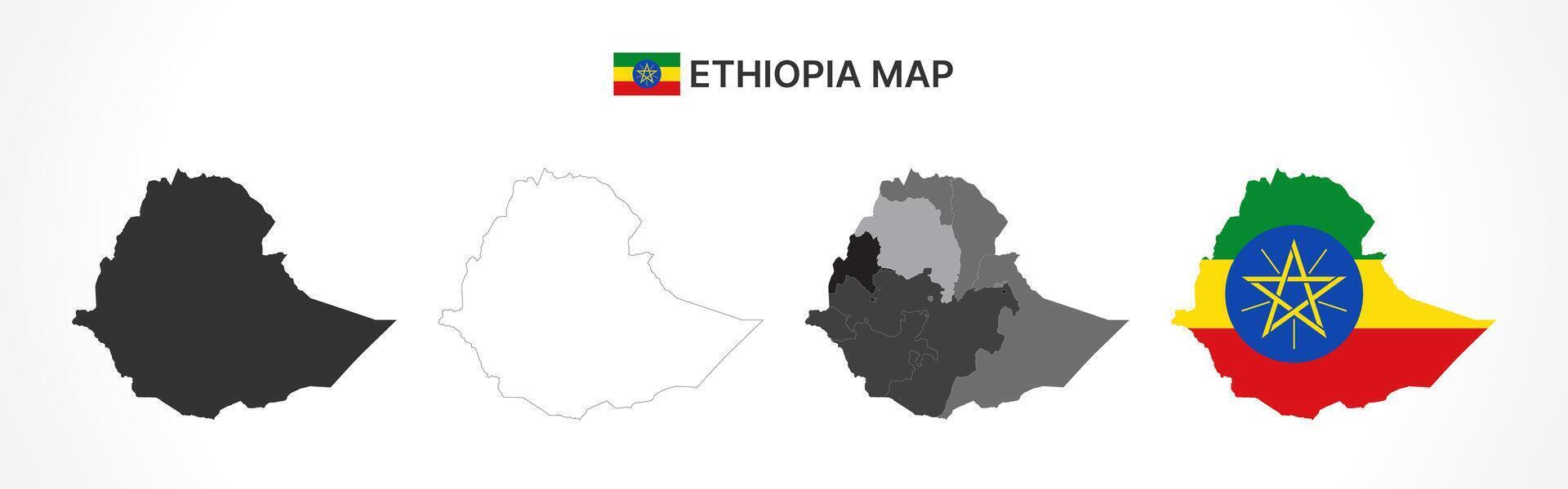 Detailed Ethiopia Map Collection with Outline, Silhouette, Municipalities, and Flag Overlay Variations vector