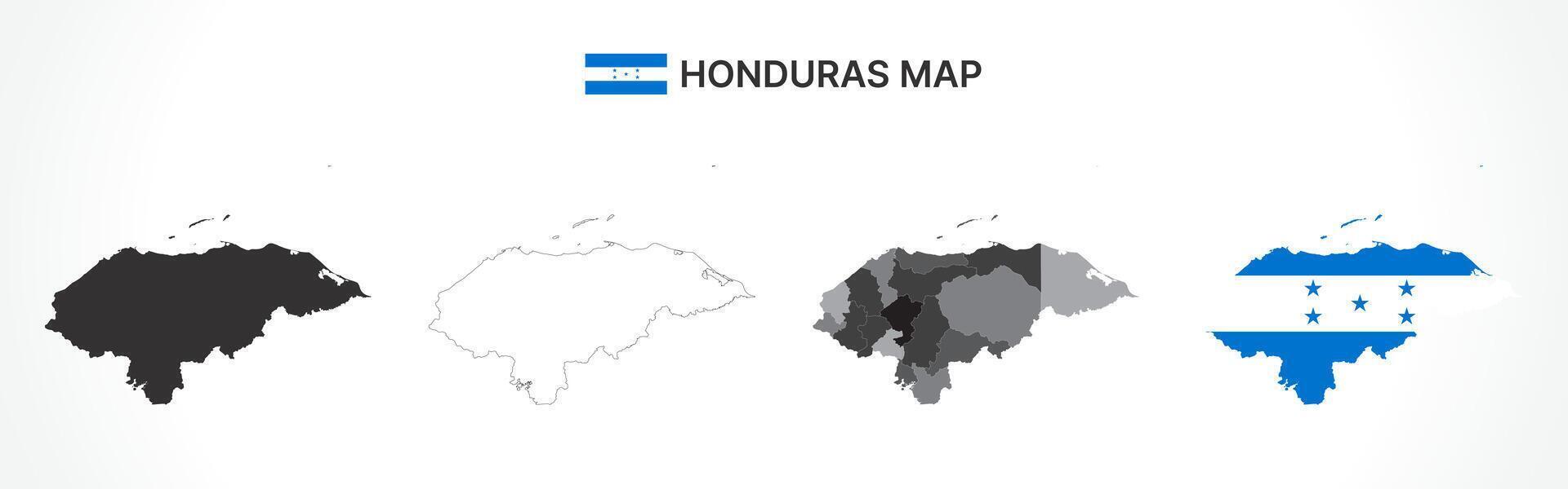 Detailed Honduras Map Collection with Outline, Silhouette, Departments, and Flag Overlay Variations vector