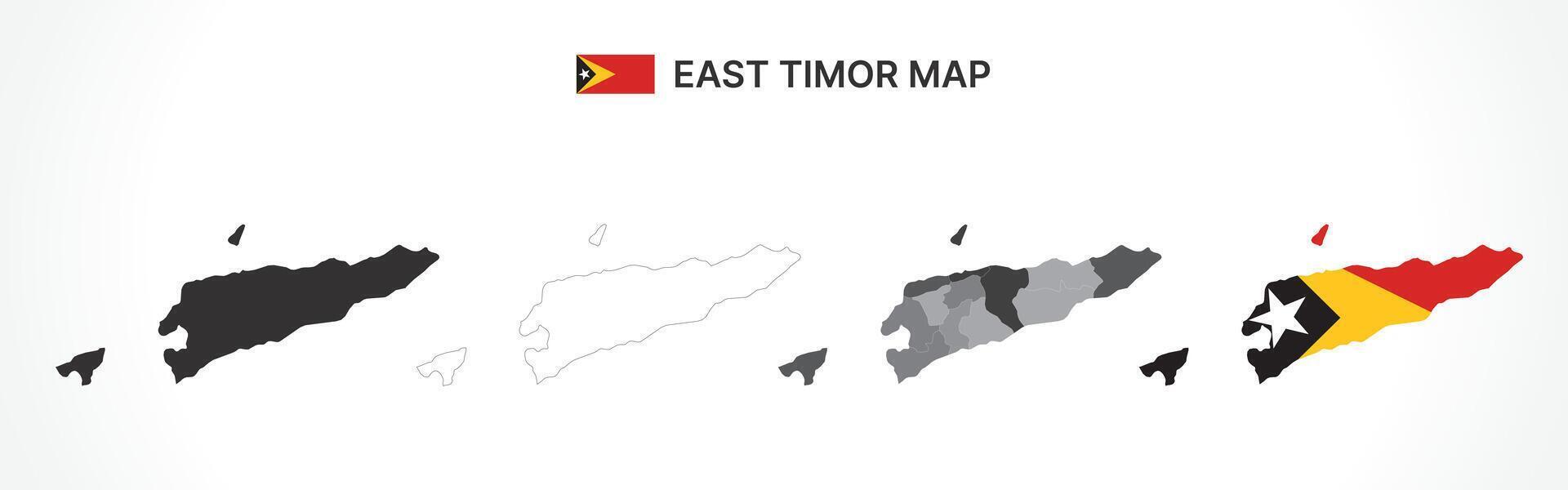 Detailed East Timor Map Collection with Outline, Silhouette, Municipalities, and Flag Overlay Variations vector