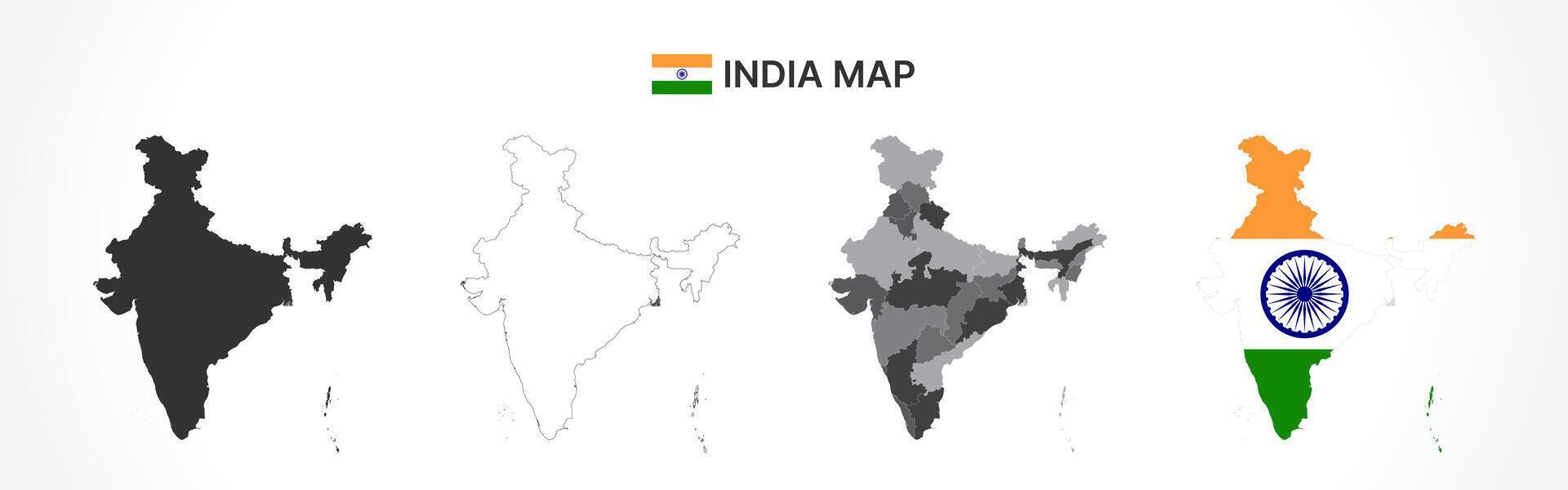 Detailed India Map Collection with Outline, Silhouette, States, and Flag Overlay Variations vector