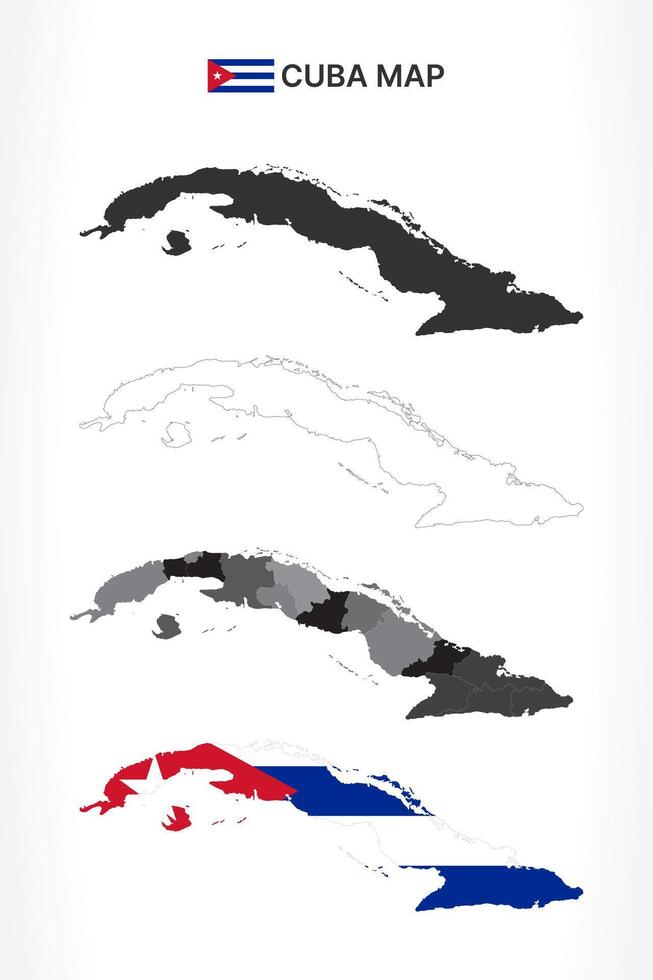 Detailed Cuba Map Collection with Outline, Silhouette, Provinces, and Flag Overlay Variations vector