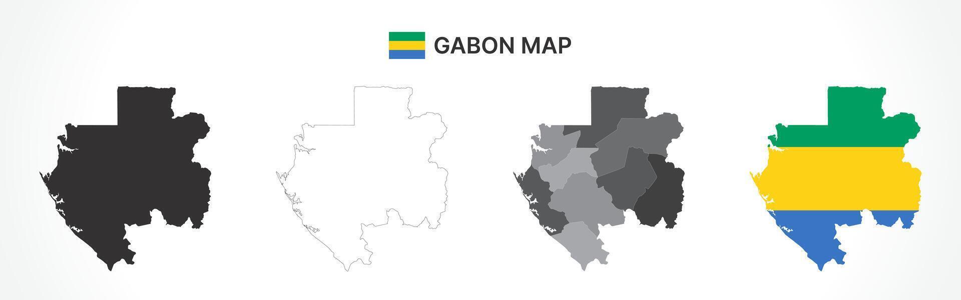 Detailed Gabon Map Collection with Outline, Silhouette, Provinces, and Flag Overlay Variations vector