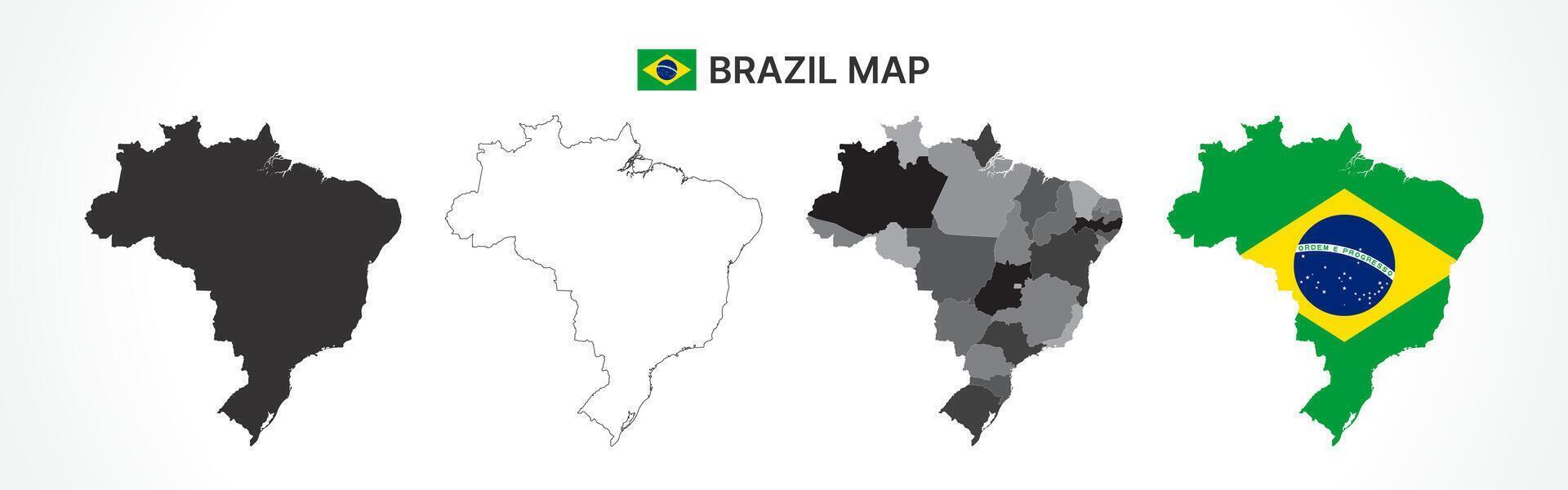 Detailed Brazil Map Collection with Outline, Silhouette, States, and Flag Overlay Variations vector