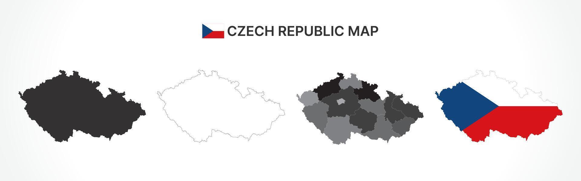 Detailed Czech Republic Map Collection with Outline, Silhouette, Regions, and Flag Overlay Variations vector