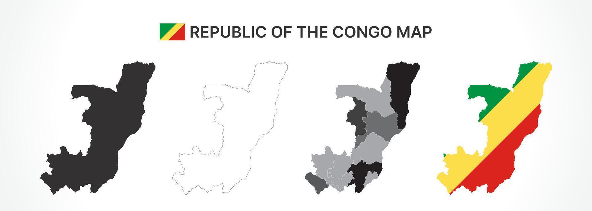 Detailed Republic of the Congo Map Collection with Outline, Silhouette, Departments, and Flag Overlay Variations vector