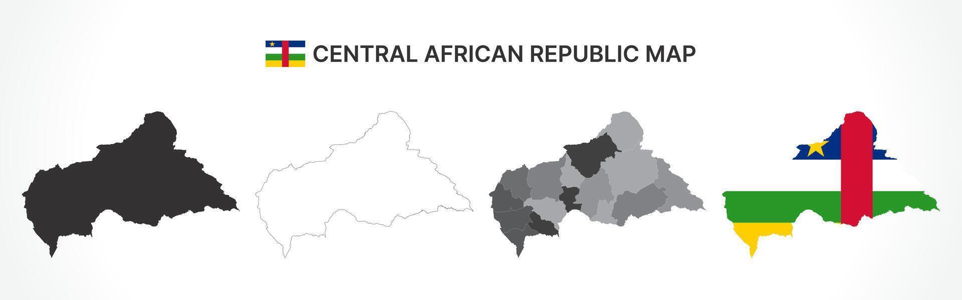 Detailed Central African Republic Map Collection with Outline, Silhouette, Prefectures, and Flag Overlay Variations vector
