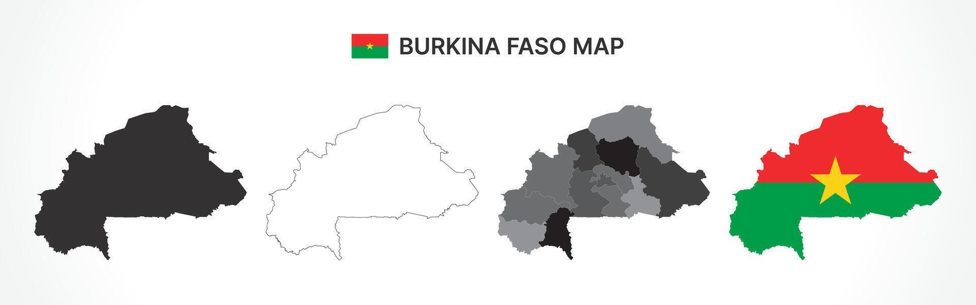 Detailed Burkina Faso Map Collection with Outline, Silhouette, Regions, and Flag Overlay Variations vector
