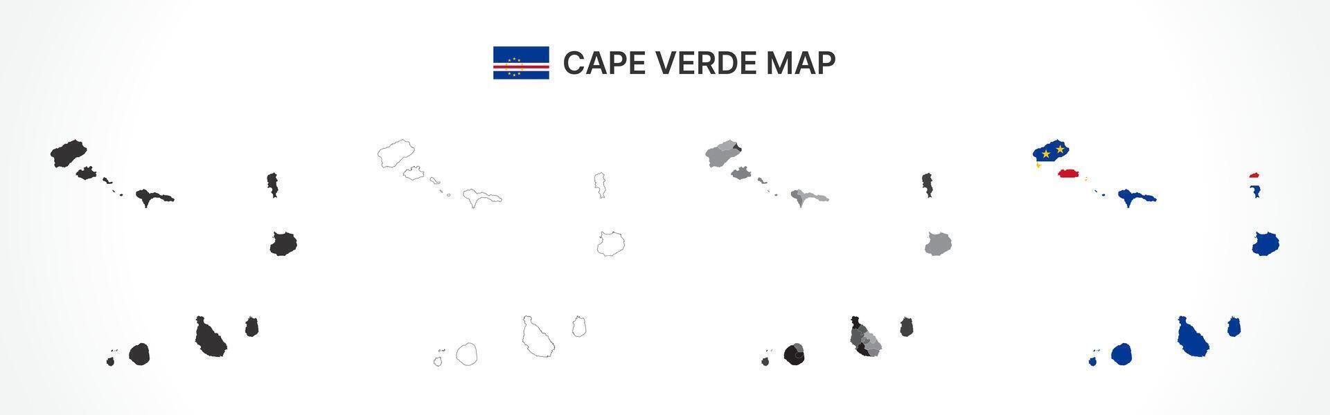 Detailed Cape Verde Map Collection with Outline, Silhouette, Islands, and Flag Overlay Variations vector