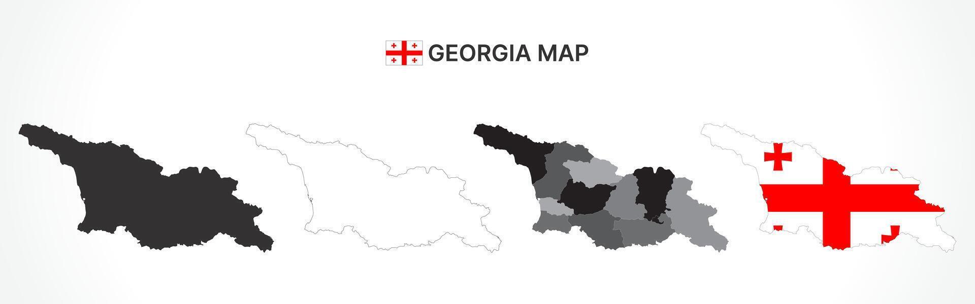 Detailed Georgia Map Collection with Outline, Silhouette, Regions, and Flag Overlay Variations vector