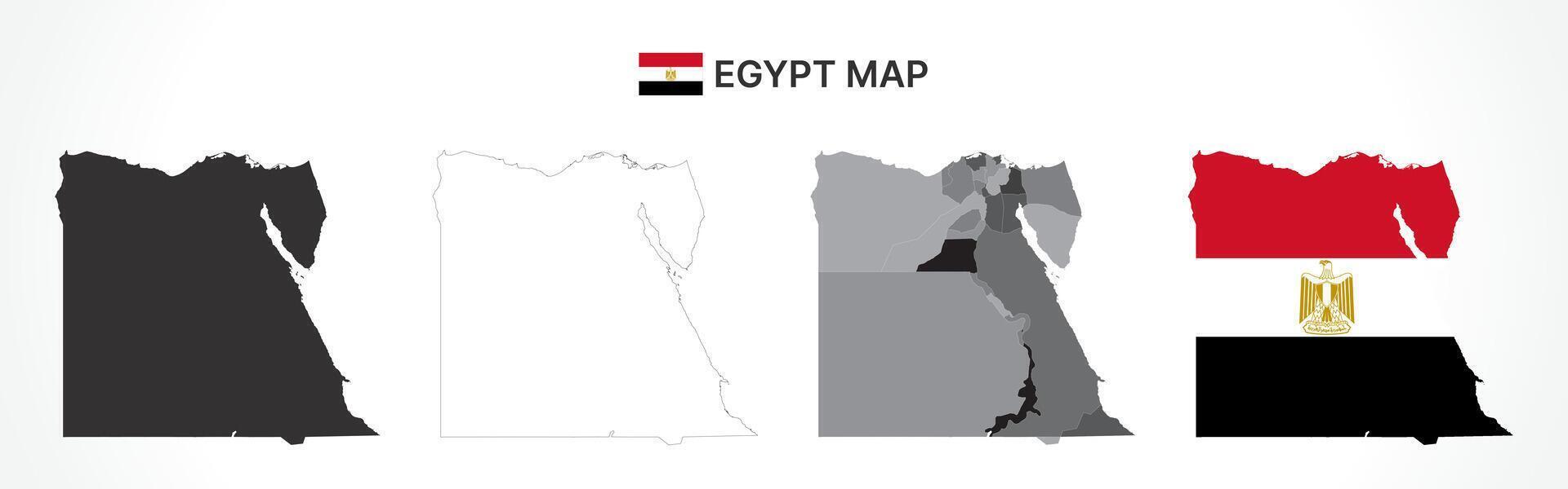 Detailed Egypt Map Collection with Outline, Silhouette, Governorates, and Flag Overlay Variations vector