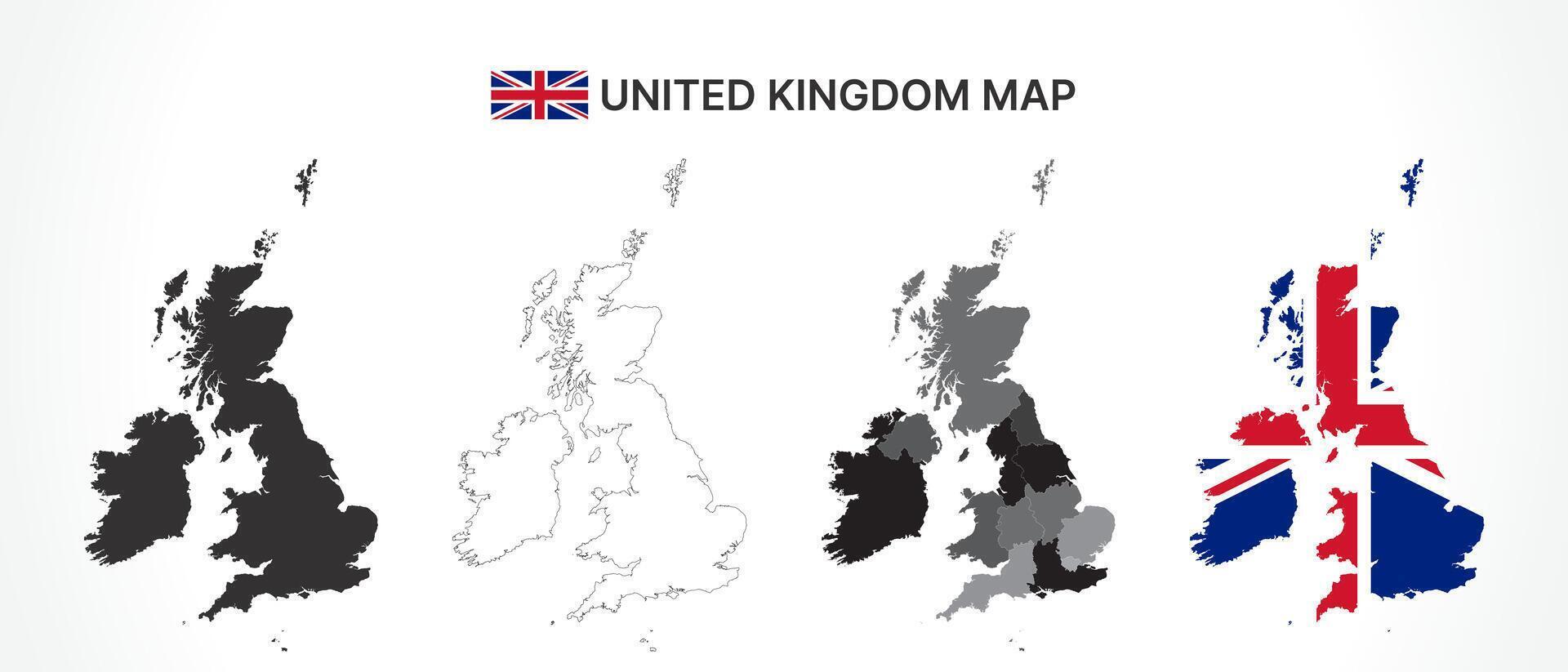 Detailed United Kingdom Map Collection with Outline, Silhouette, Countries, and Flag Overlay Variations vector