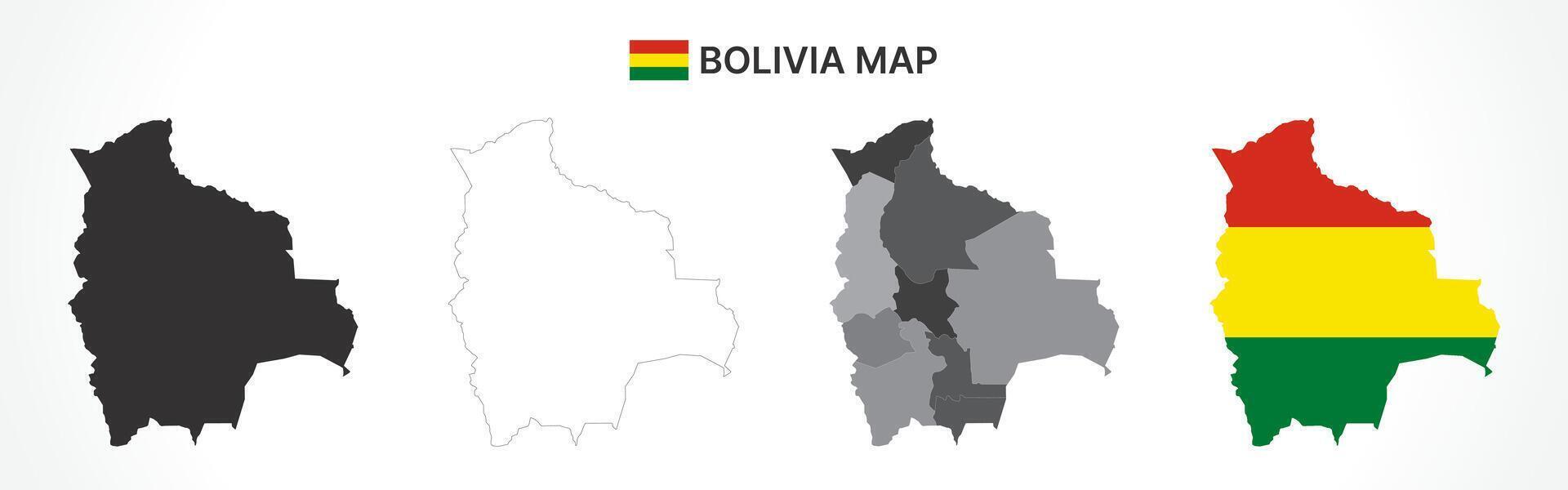 Detailed Bolivia Map Collection with Outline, Silhouette, Departments, and Flag Overlay Variations vector