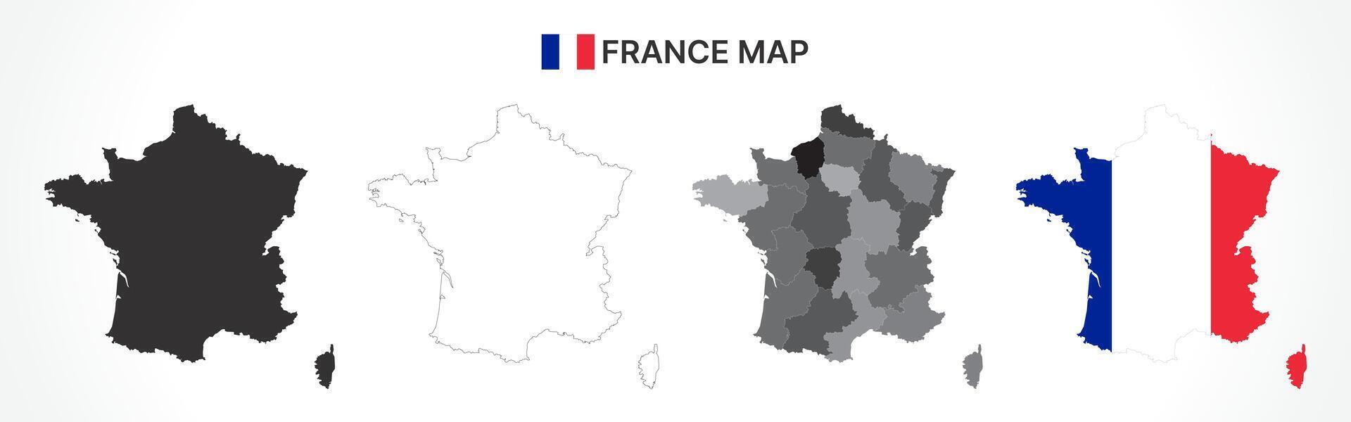 Detailed France Map Collection with Outline, Silhouette, Regions, and Flag Overlay Variations vector