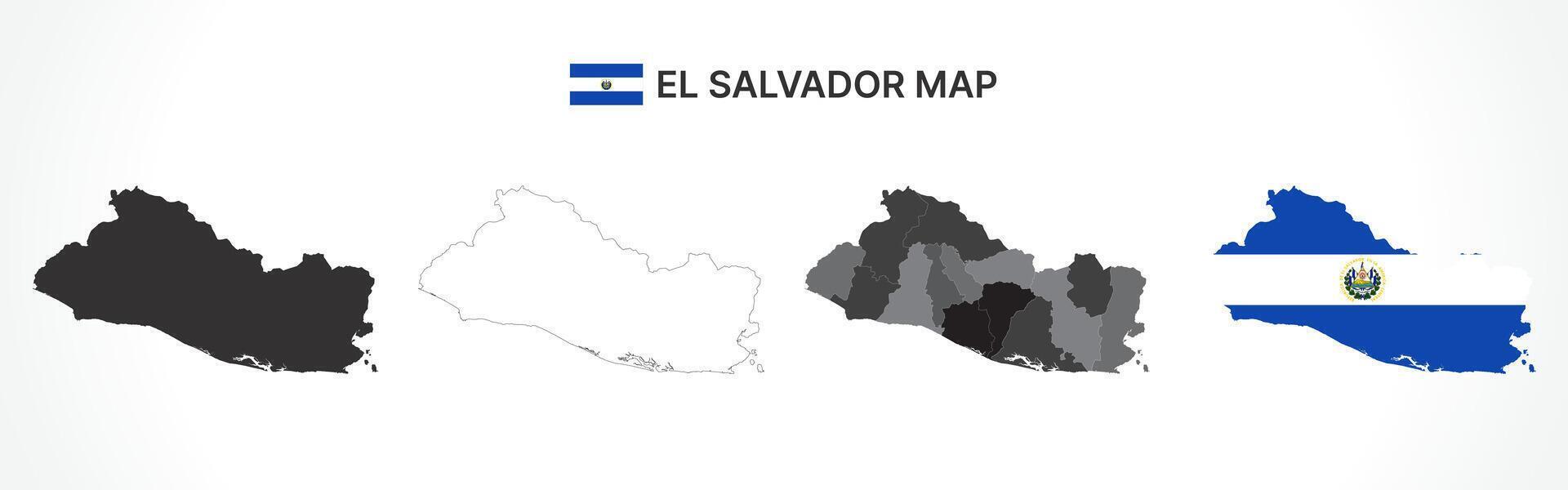 Detailed El Salvador Map Collection with Outline, Silhouette, Departments, and Flag Overlay Variations vector