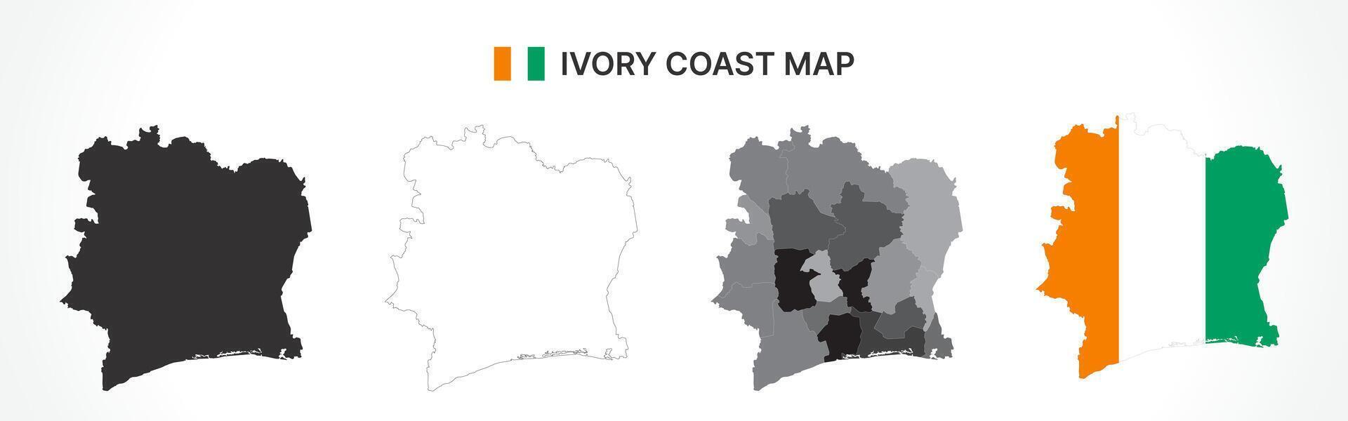 Detailed Ivory Coast Map Collection with Outline, Silhouette, Regions, and Flag Overlay Variations vector