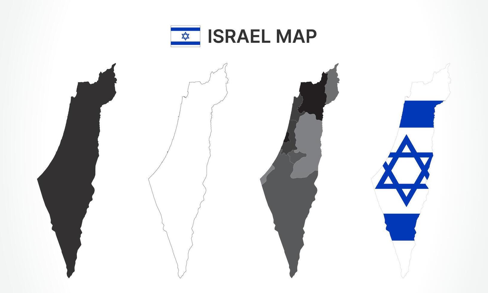 Detailed Israel Map Collection with Outline, Silhouette, Districts, and Flag Overlay Variations vector