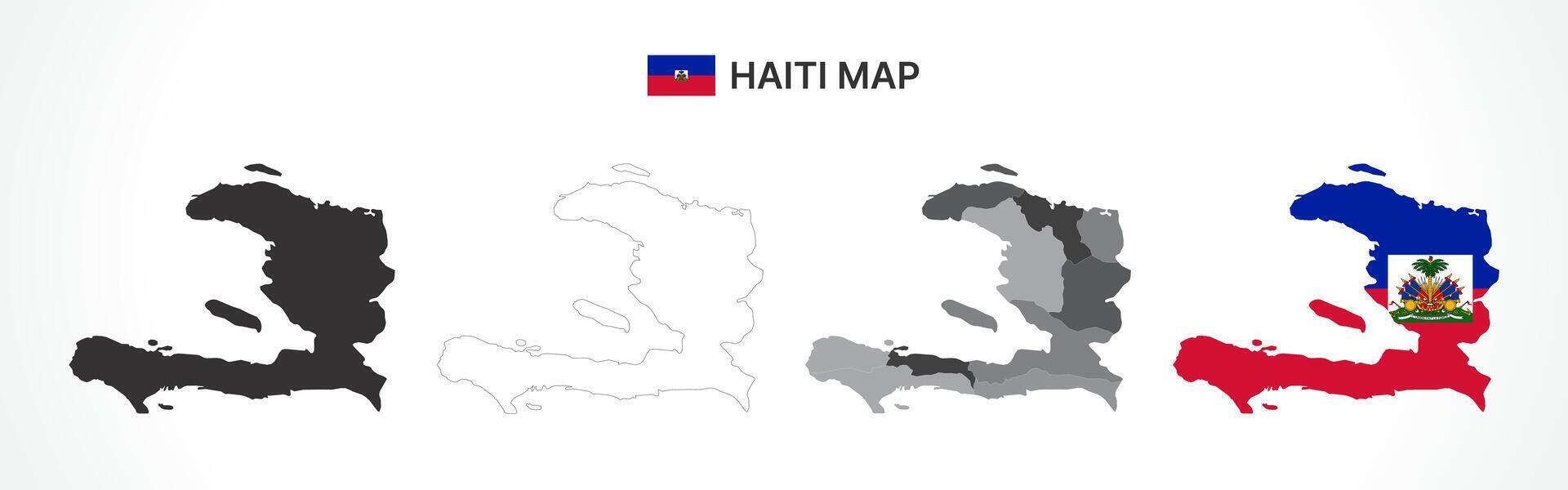 Detailed Haiti Map Collection with Outline, Silhouette, Departments, and Flag Overlay Variations vector