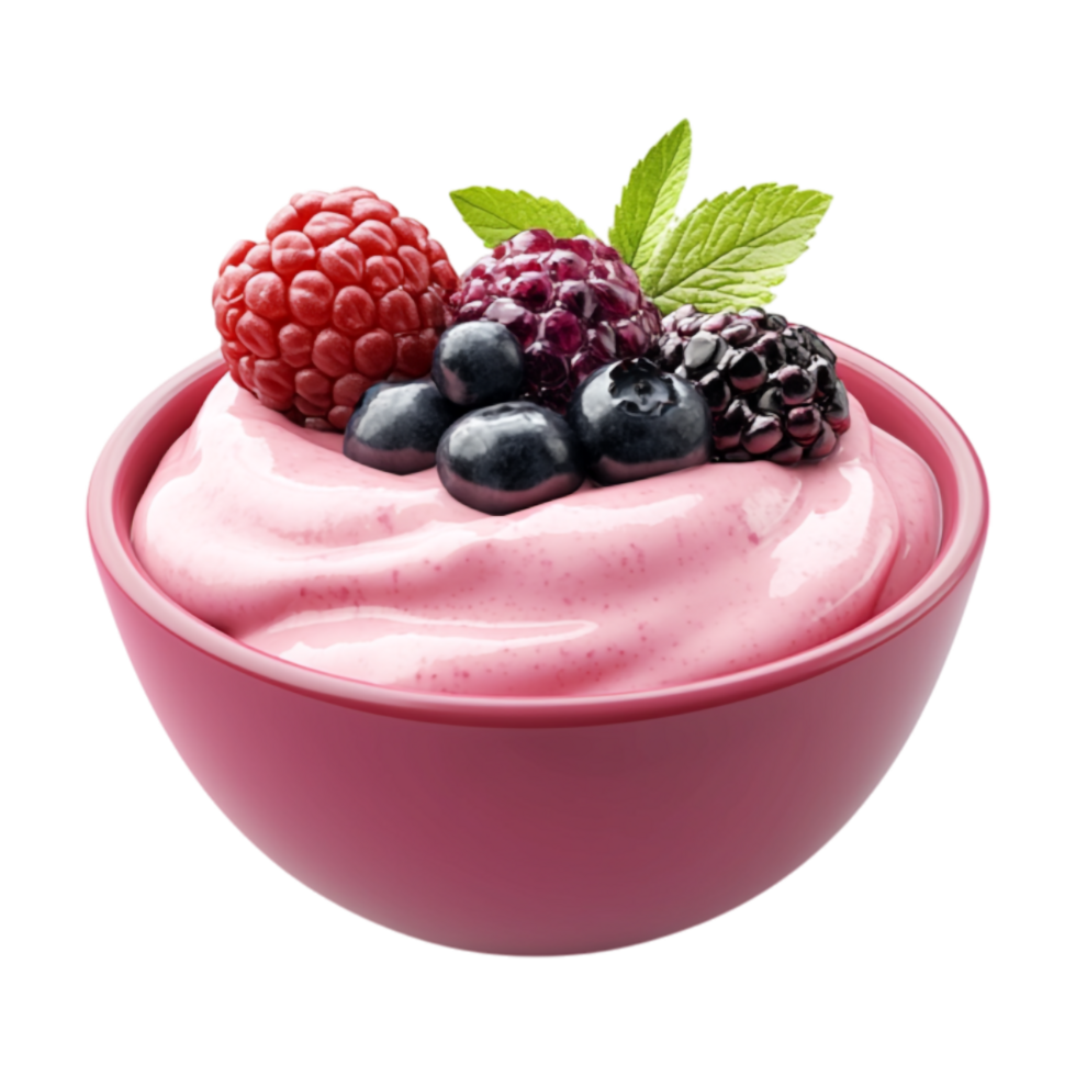 a bowl of yogurt with berries and mint leaves on a transparent background png