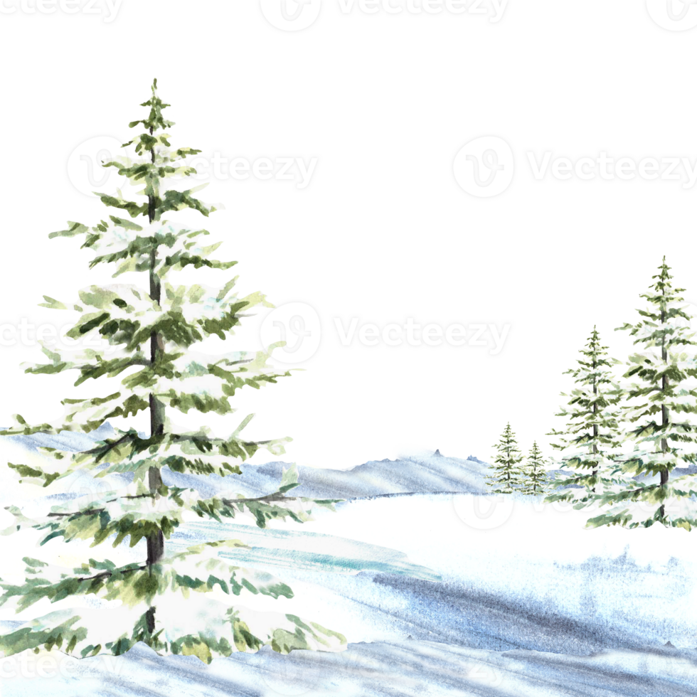 Winter Landscape with Snowy Hills, Mountains, Pine, fir trees and frosty evergreen forest. Hand drawn watercolor illustration. Isolated from the background. Christmas motive for holiday card design. png