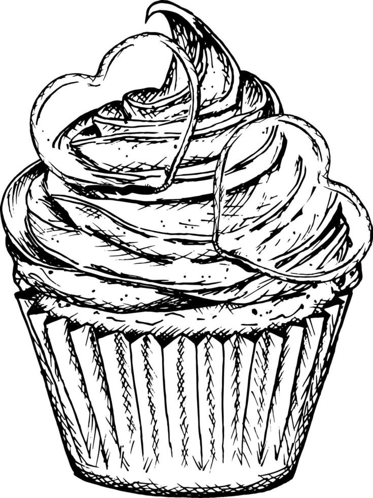 illustration of cupcake topped with whipped cream and decorated with transparent caramel hearts. Hand drawn in black and white, perfect for holiday baking menu, dessert branding, valentines vector