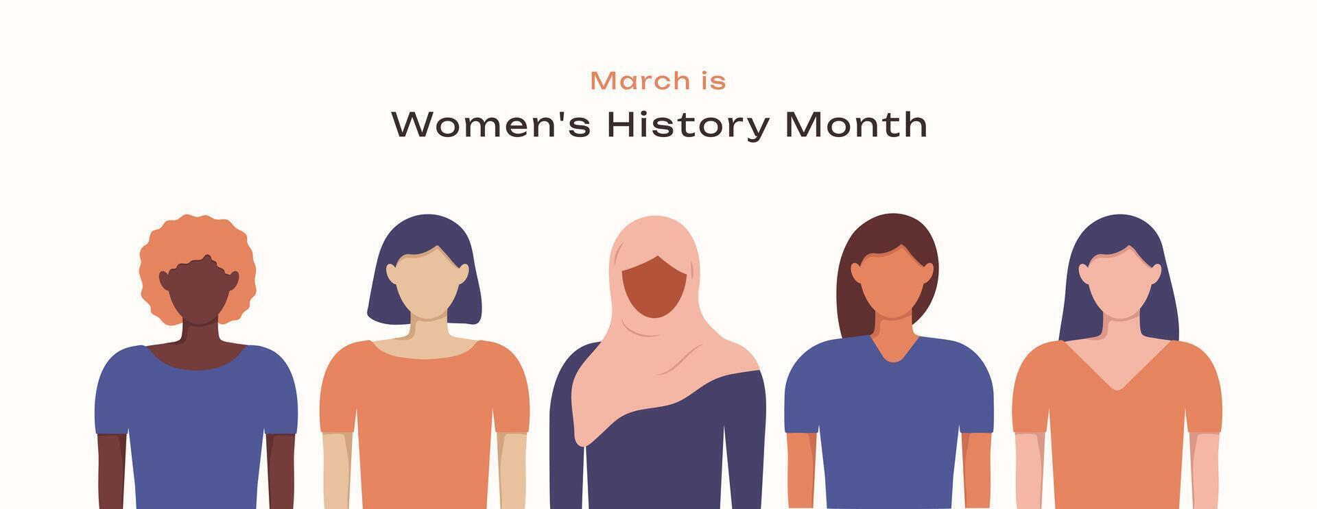 March is Women's History Month banner template with diversity girls in faceless style. Women's rights flat illustration. Girl power in world. Minimalist Poster, postcard, banner, background. vector