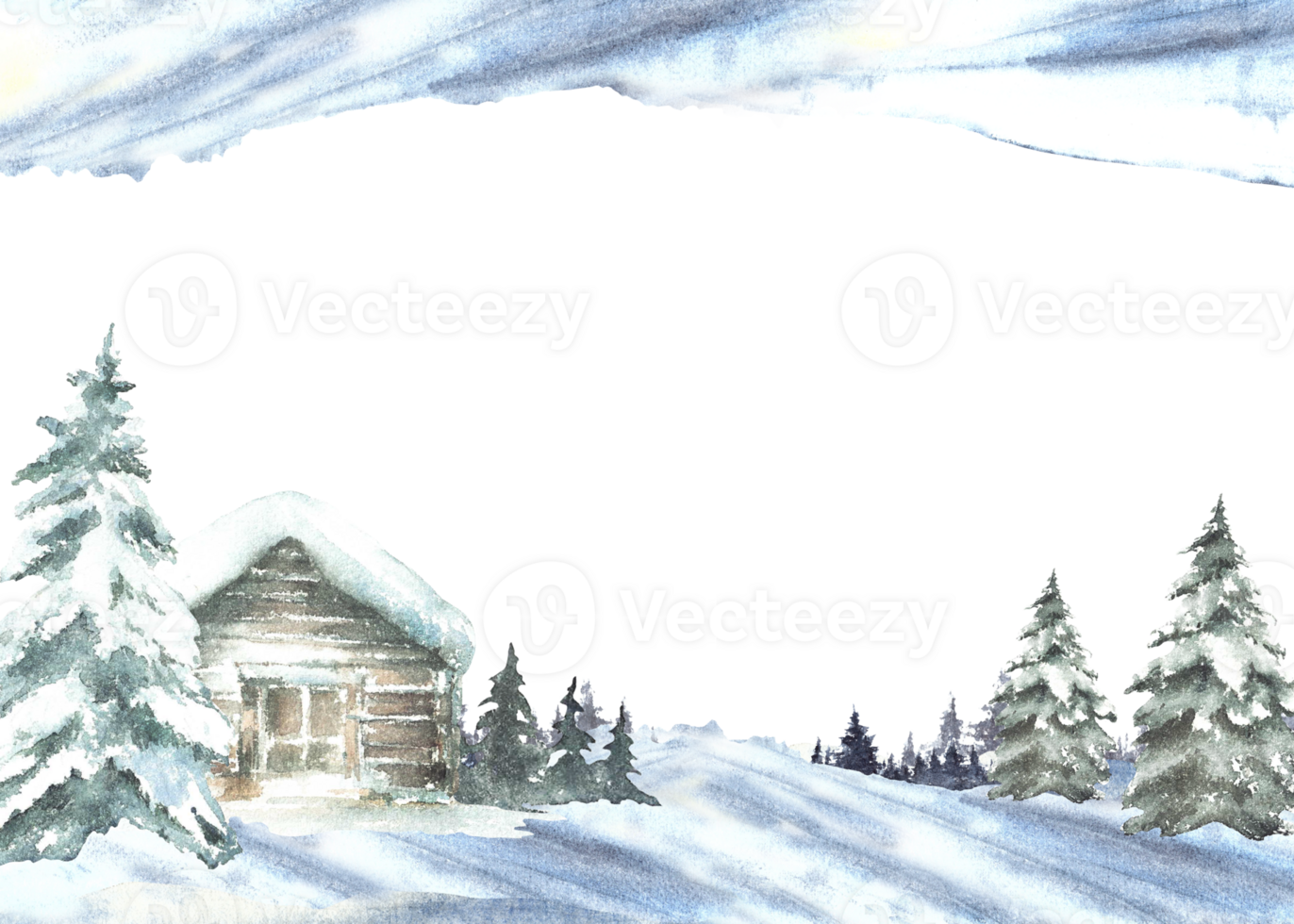 Winter landscape. Snow covered cabin with snowy pine tree. Christmas motive, banner with wooden house, chalet surrounded by snowdrifts. Watercolor hand painted illustration isolated from background. png