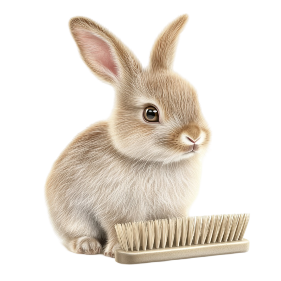 Fluffy Rabbit Next to a Grooming Brush png