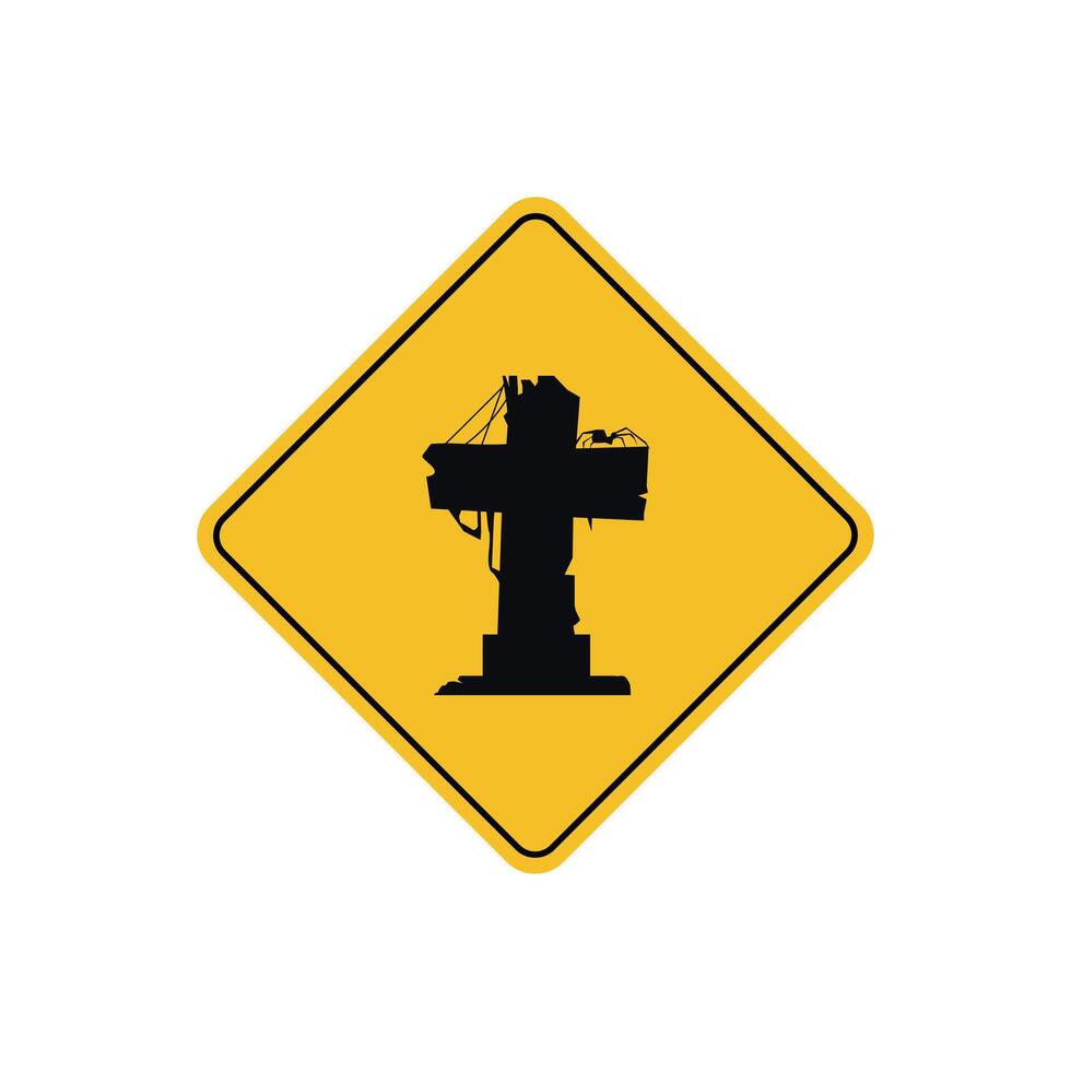 tomb warning sign icon, tomb with cross symbol - memorial area on yellow rhombus board vector