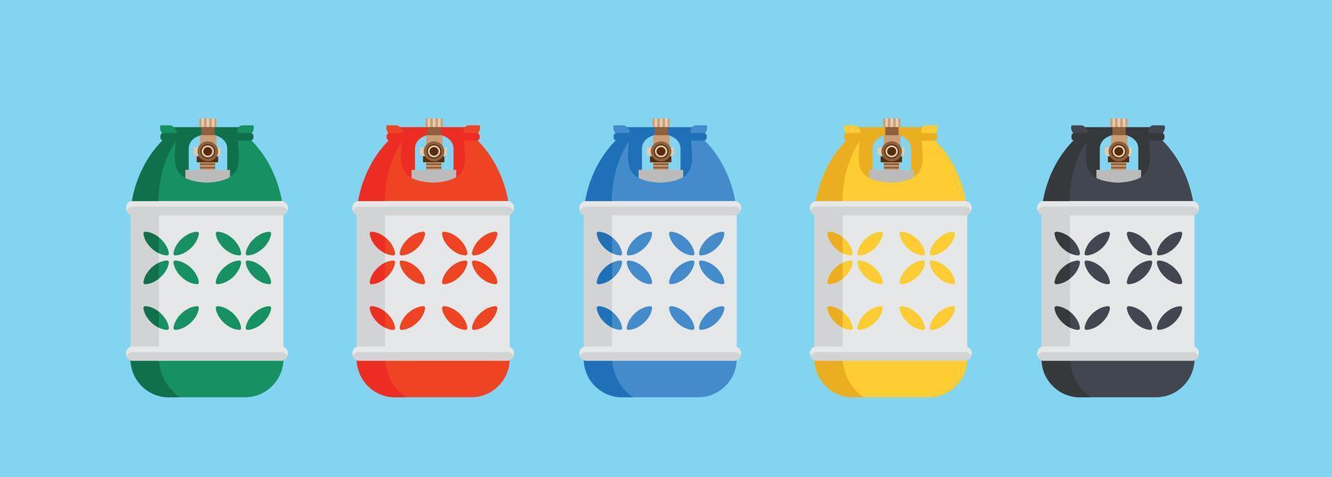 gas cylinder tanks in various colors, propane and butane lpg bottle containers, oxygen gas cylinder vector