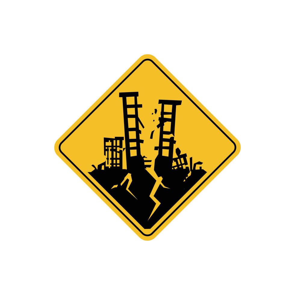 warning sign icon, earthquake prone destroyed building in city - warning area on yellow rhombus board vector